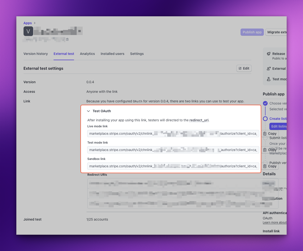 Stripe app oauth external testing links